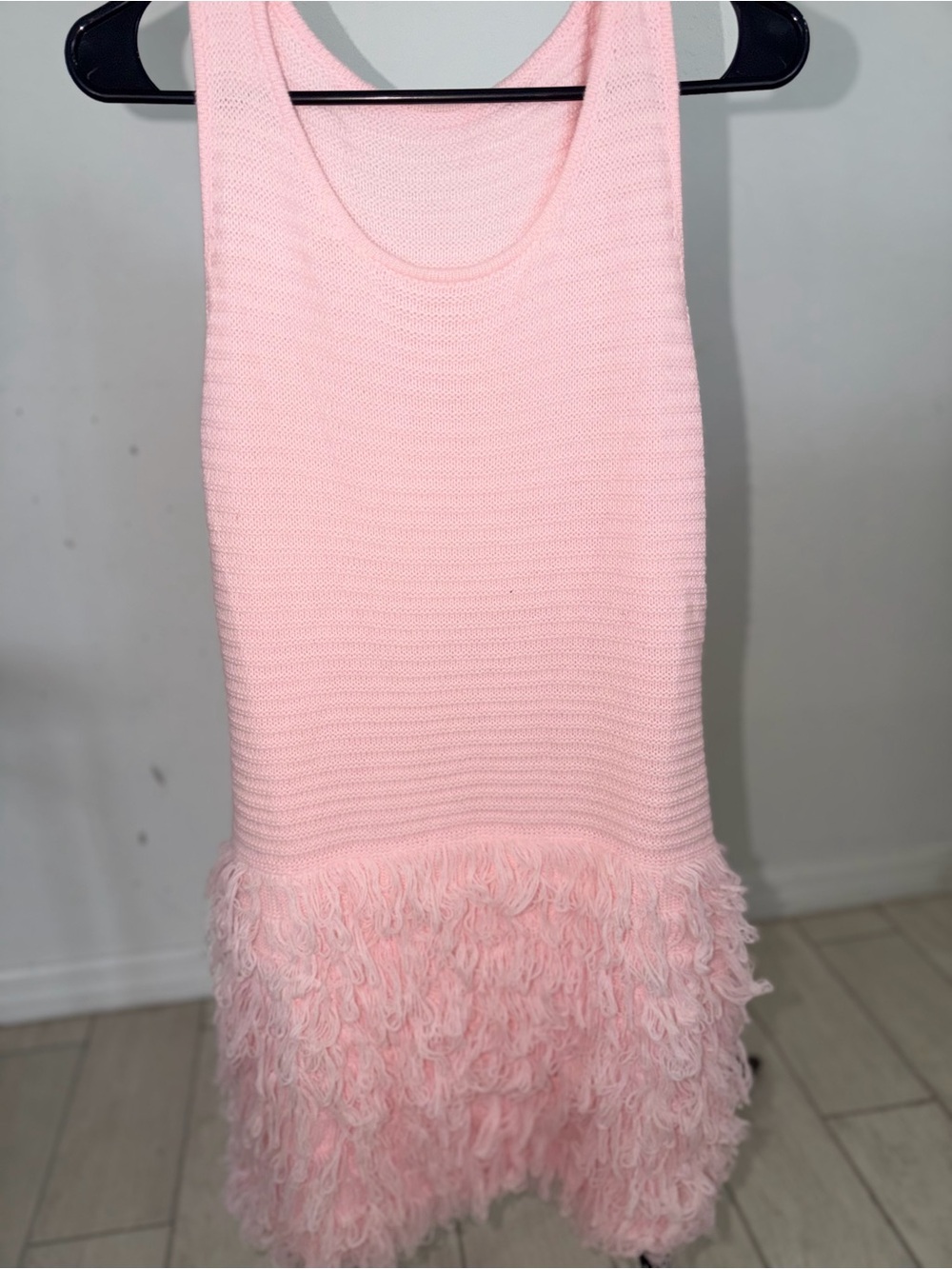 Women’s Pink Knit Tank Dress with Fringe Hem